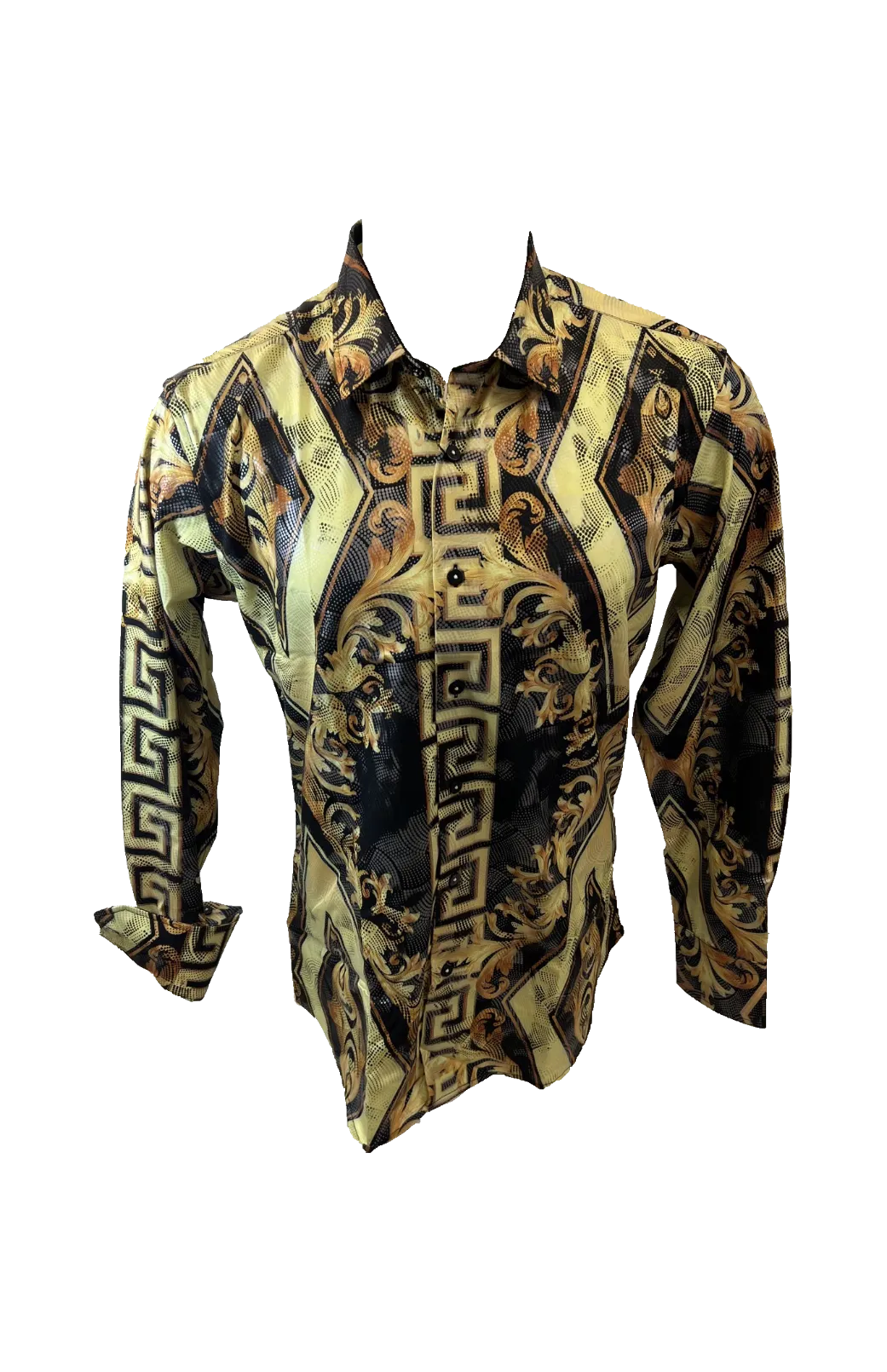 Men's Long Sleeve Button Down Dress Shirt Black Gold Diamond Tribal Geometric All Over Pattern