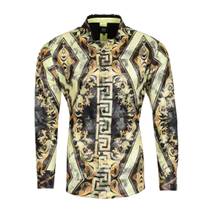 Men's Long Sleeve Button Down Dress Shirt Black Gold Diamond Tribal Geometric All Over Pattern