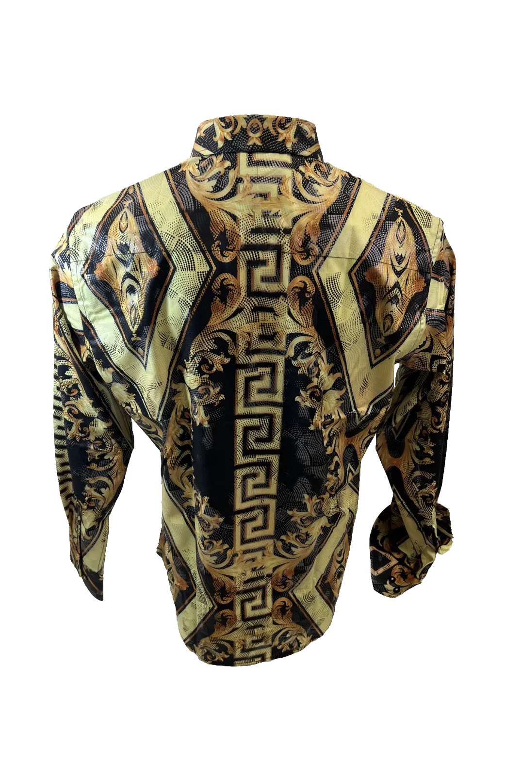 Men's Long Sleeve Button Down Dress Shirt Black Gold Diamond Tribal Geometric All Over Pattern