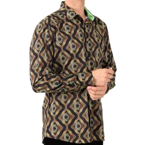 Men's Long Sleeve Button Down Dress Shirt Black Gold Geometric Tribal All Over Pattern
