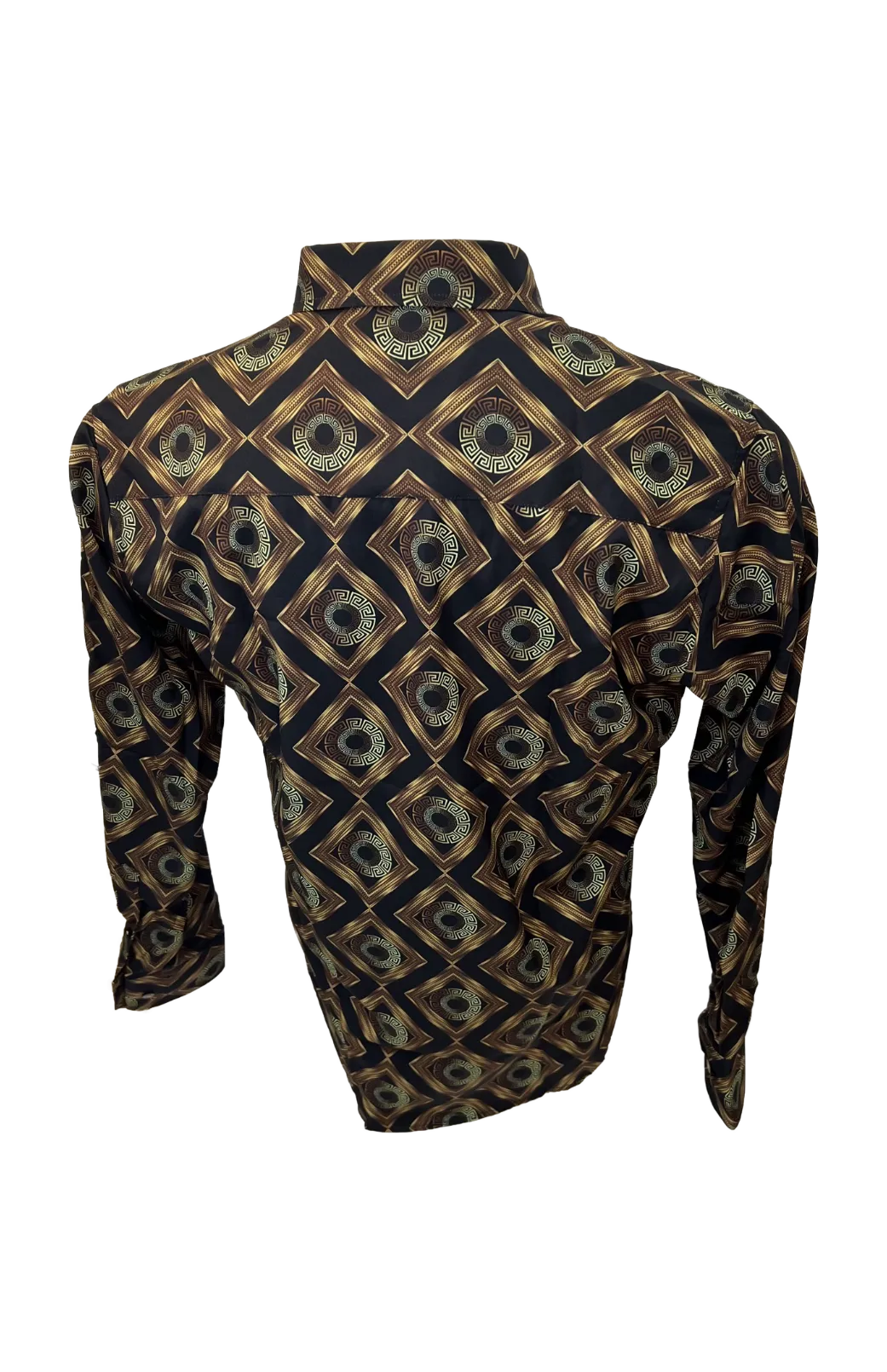 Men's Long Sleeve Button Down Dress Shirt Black Gold Geometric Tribal All Over Pattern
