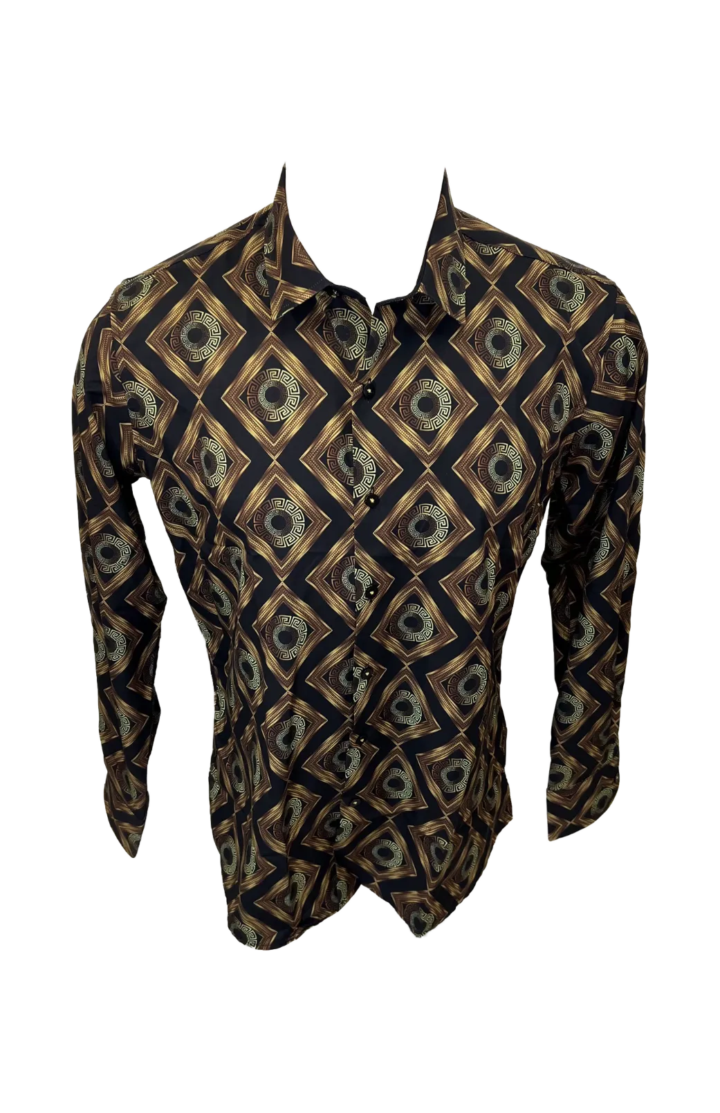 Men's Long Sleeve Button Down Dress Shirt Black Gold Geometric Tribal All Over Pattern