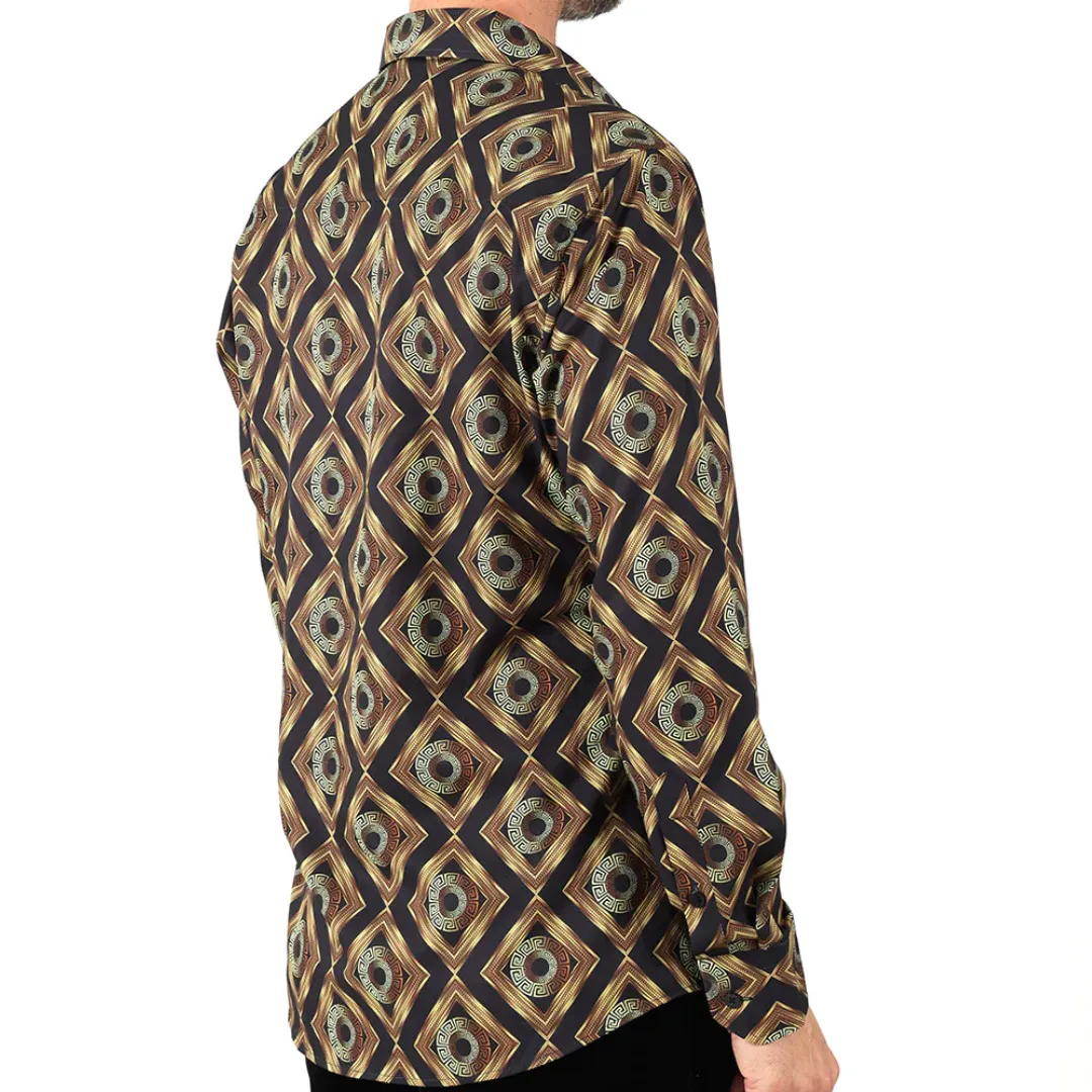 Men's Long Sleeve Button Down Dress Shirt Black Gold Geometric Tribal All Over Pattern