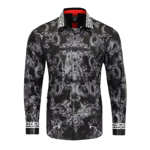 Men's Long Sleeve Button Down Dress Shirt Black White Jewel Geometric Print