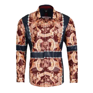 Men's Long Sleeve Button Down Dress Shirt Burgundy Red Navy Blue Gold Jewel Geometric