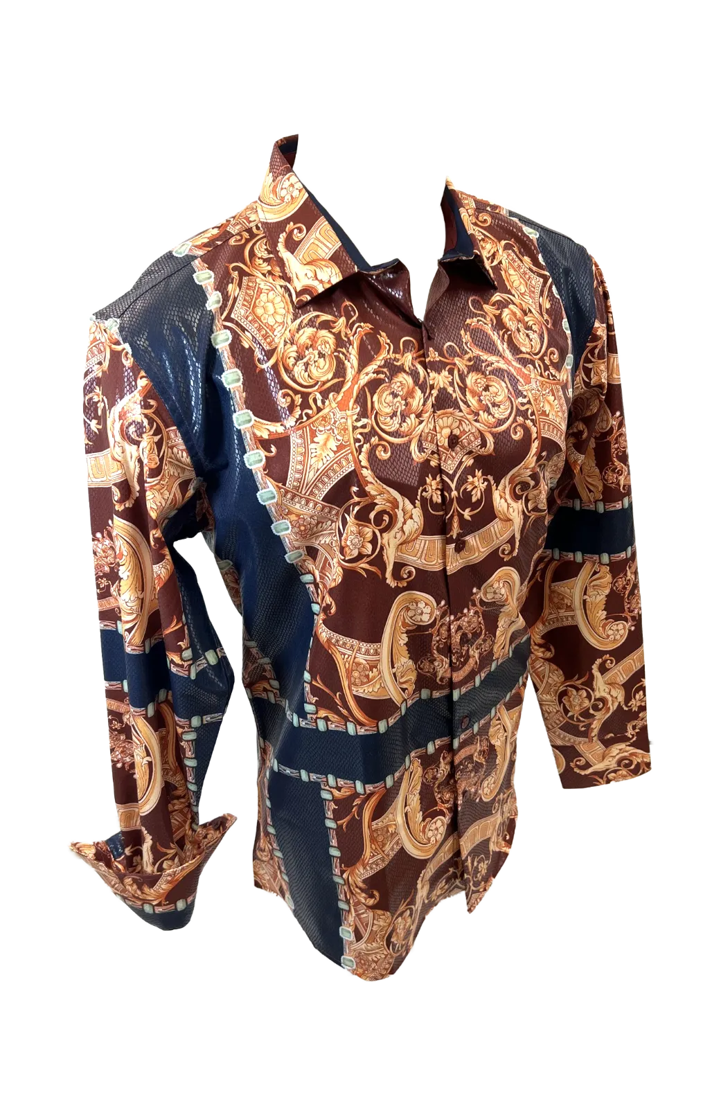 Men's Long Sleeve Button Down Dress Shirt Burgundy Red Navy Blue Gold Jewel Geometric