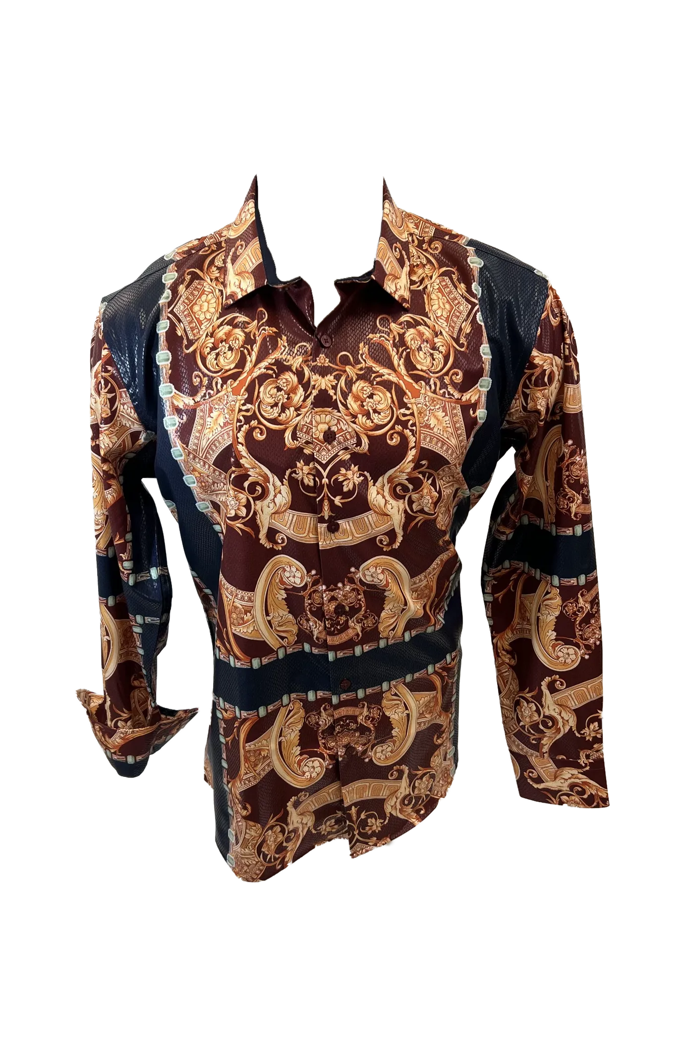 Men's Long Sleeve Button Down Dress Shirt Burgundy Red Navy Blue Gold Jewel Geometric