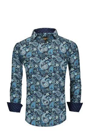 Mens PREMIERE Long Sleeve Button Down Dress Shirt Green Black Paisley Designer Shirt