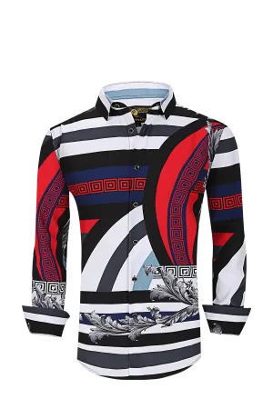 Mens PREMIERE Long Sleeve Button Down Dress Shirt Red Blue Stripe Leaf