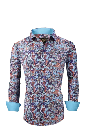 Mens PREMIERE Paisley Long Sleeve Buttin Down Dress Shirt Orange Turquoise