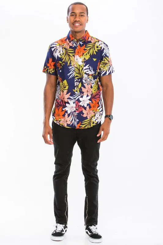 Mens Print Hawaiian Button Down Shirt