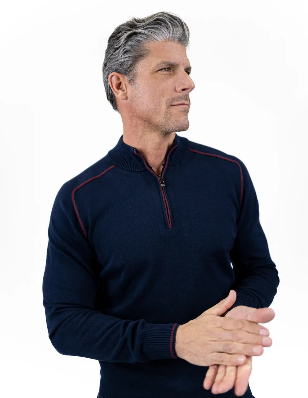 Navy Quarter Zip Sweater with Burgundy Trim