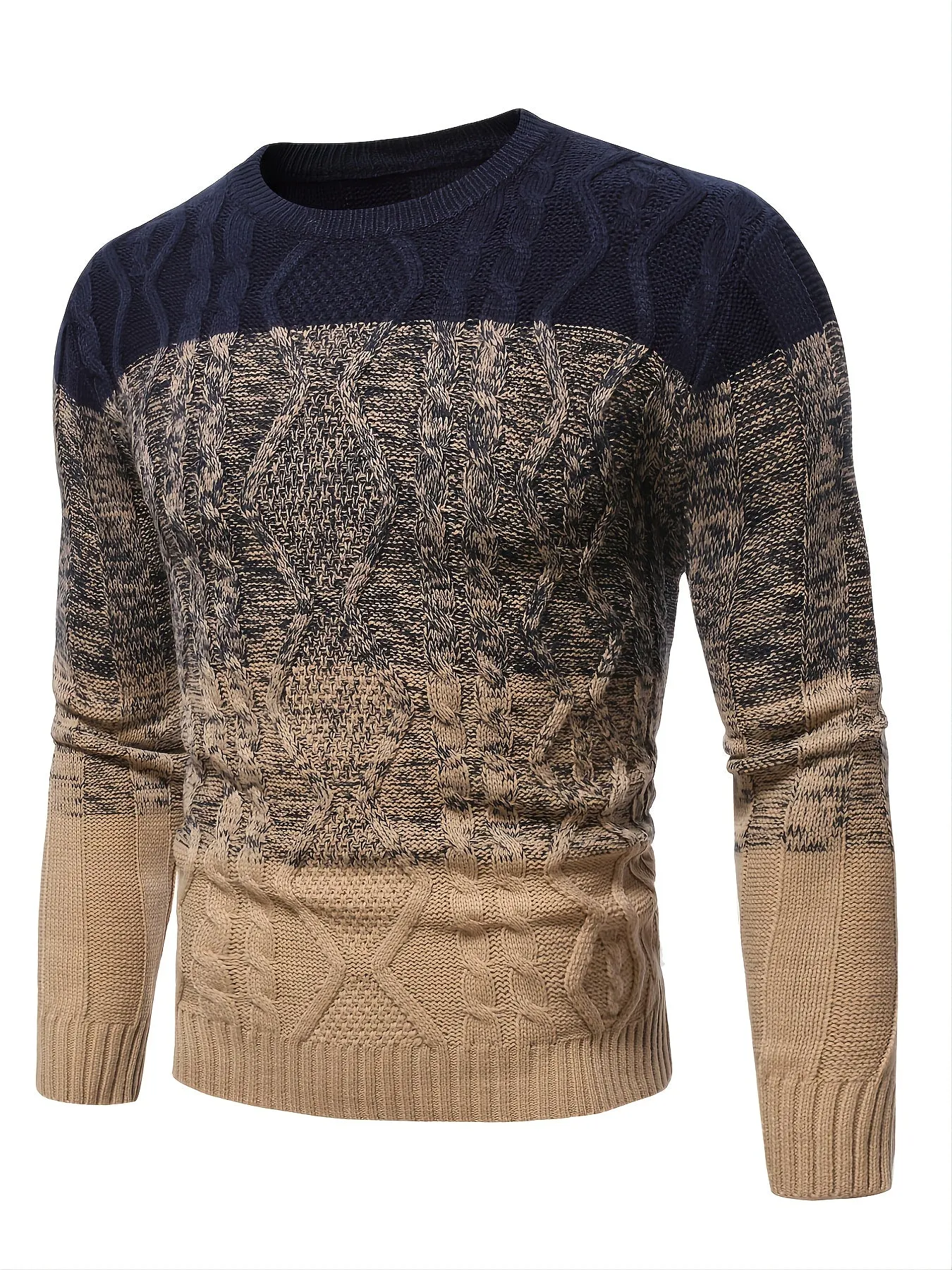 New Men's Round Neck Soft Casual Colorblock Twist Pullover Knitted Sweater