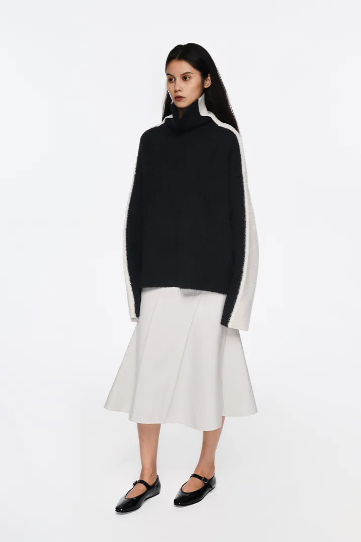 Oversized Black And White Turtleneck Wool Sweater