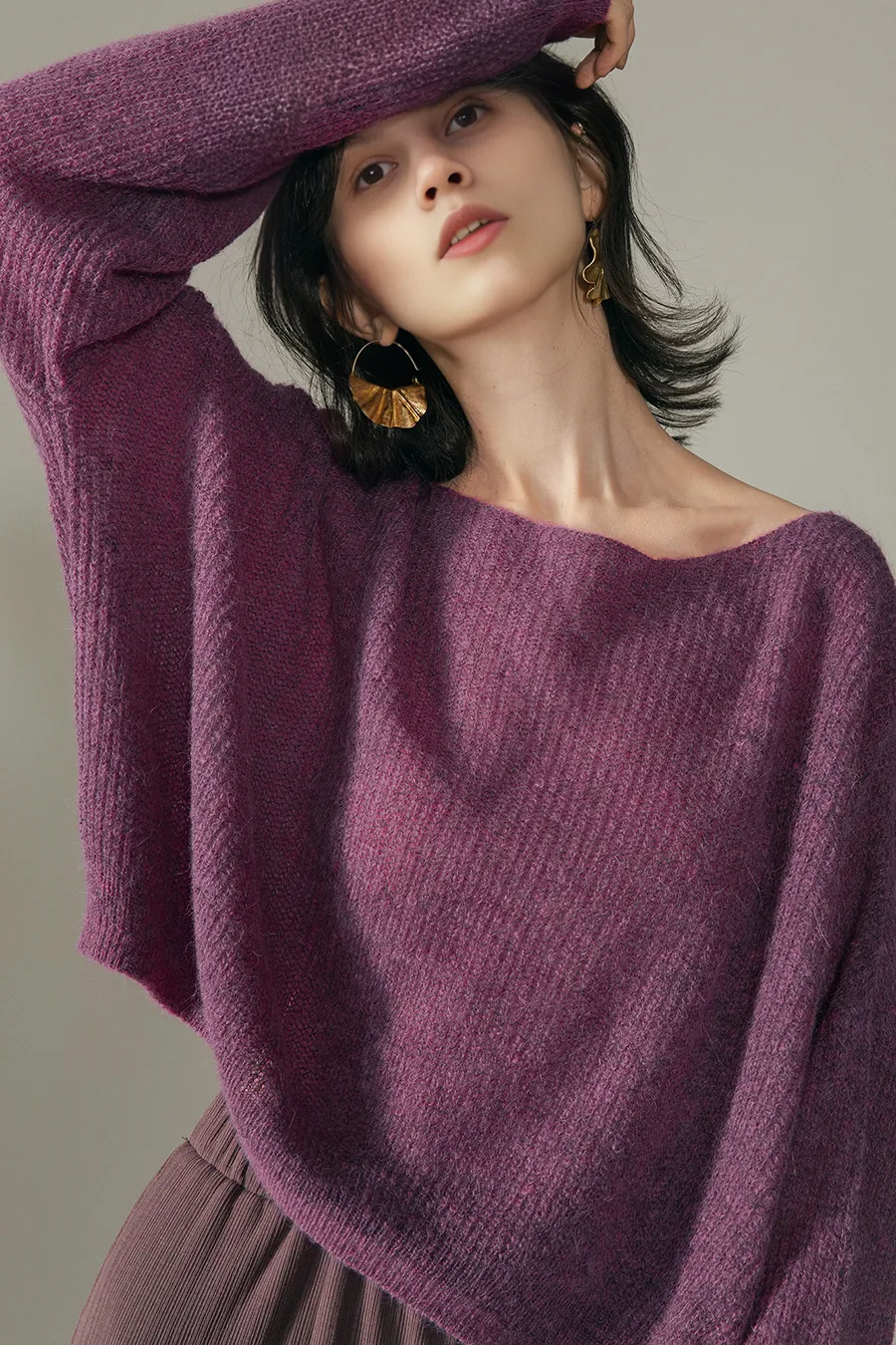 Oversized Boat Neck Cropped Lightweight Alpaca Sweater
