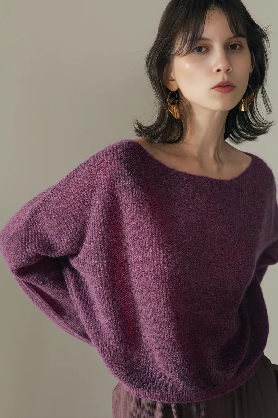 Oversized Boat Neck Cropped Lightweight Alpaca Sweater