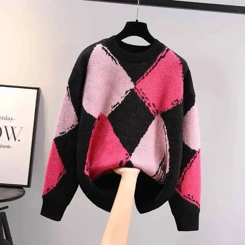 Plaid Loose Vintage Round Neck Knitted Sweater