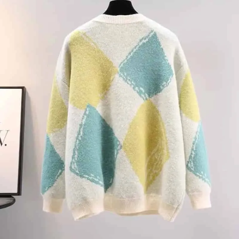 Plaid Loose Vintage Round Neck Knitted Sweater