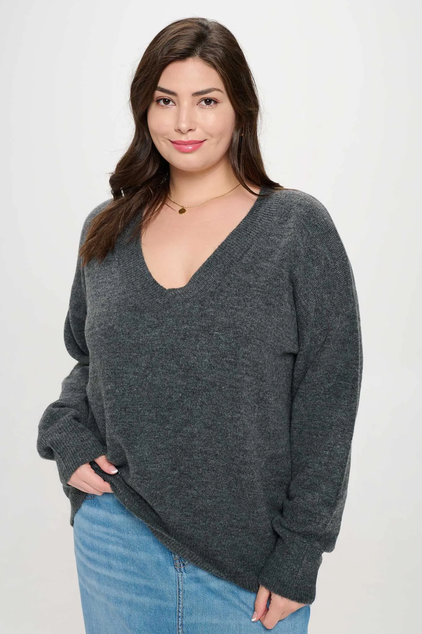 PLUS SOLID V NECK DROP SHOULDER KNIT SWEATER