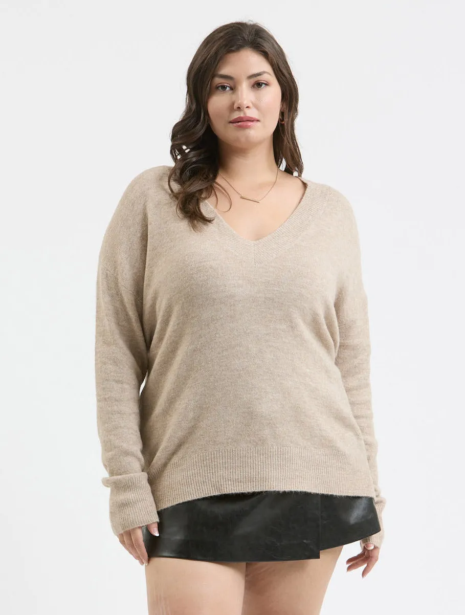 PLUS SOLID V NECK DROP SHOULDER KNIT SWEATER