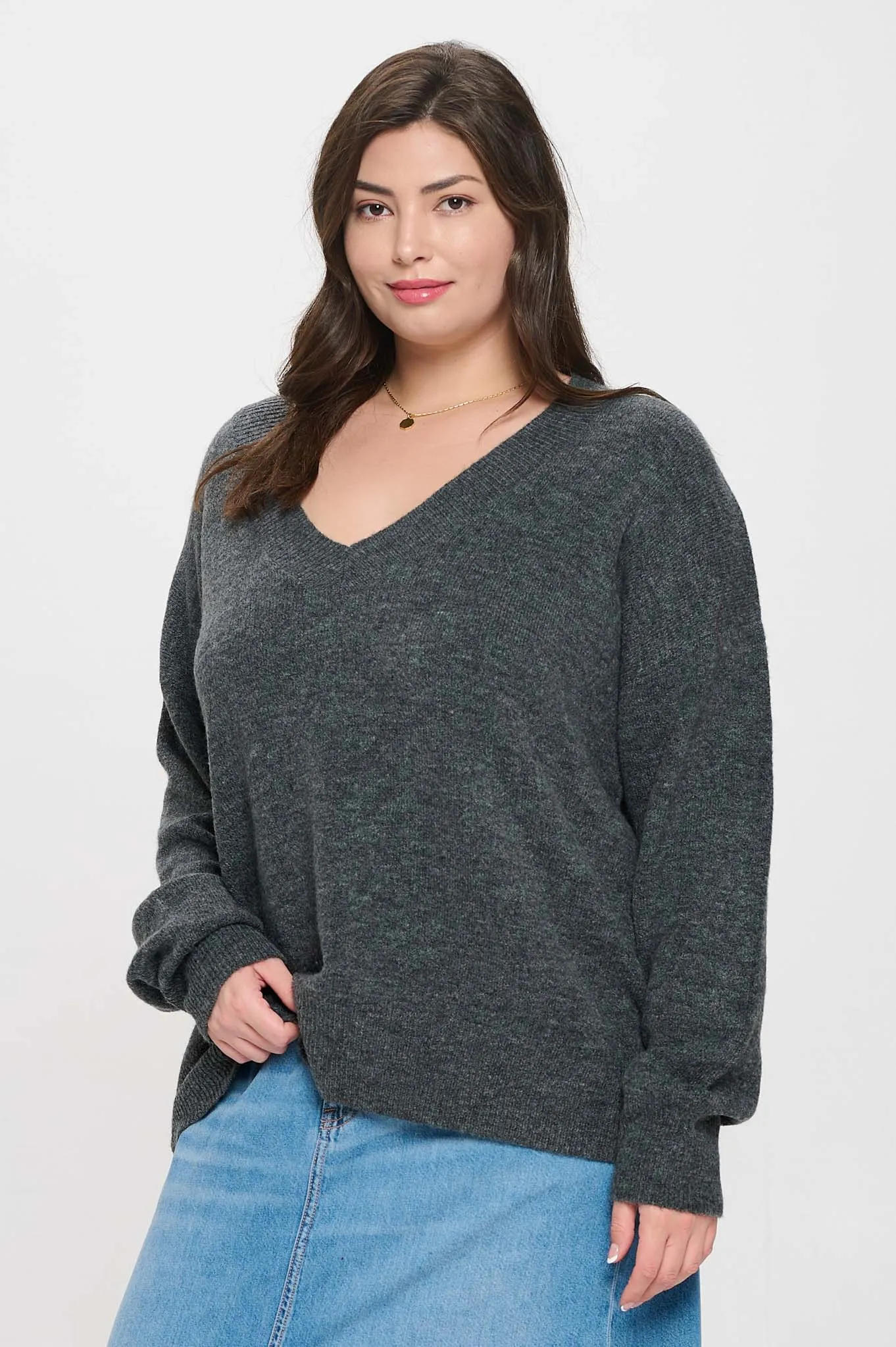 PLUS SOLID V NECK DROP SHOULDER KNIT SWEATER
