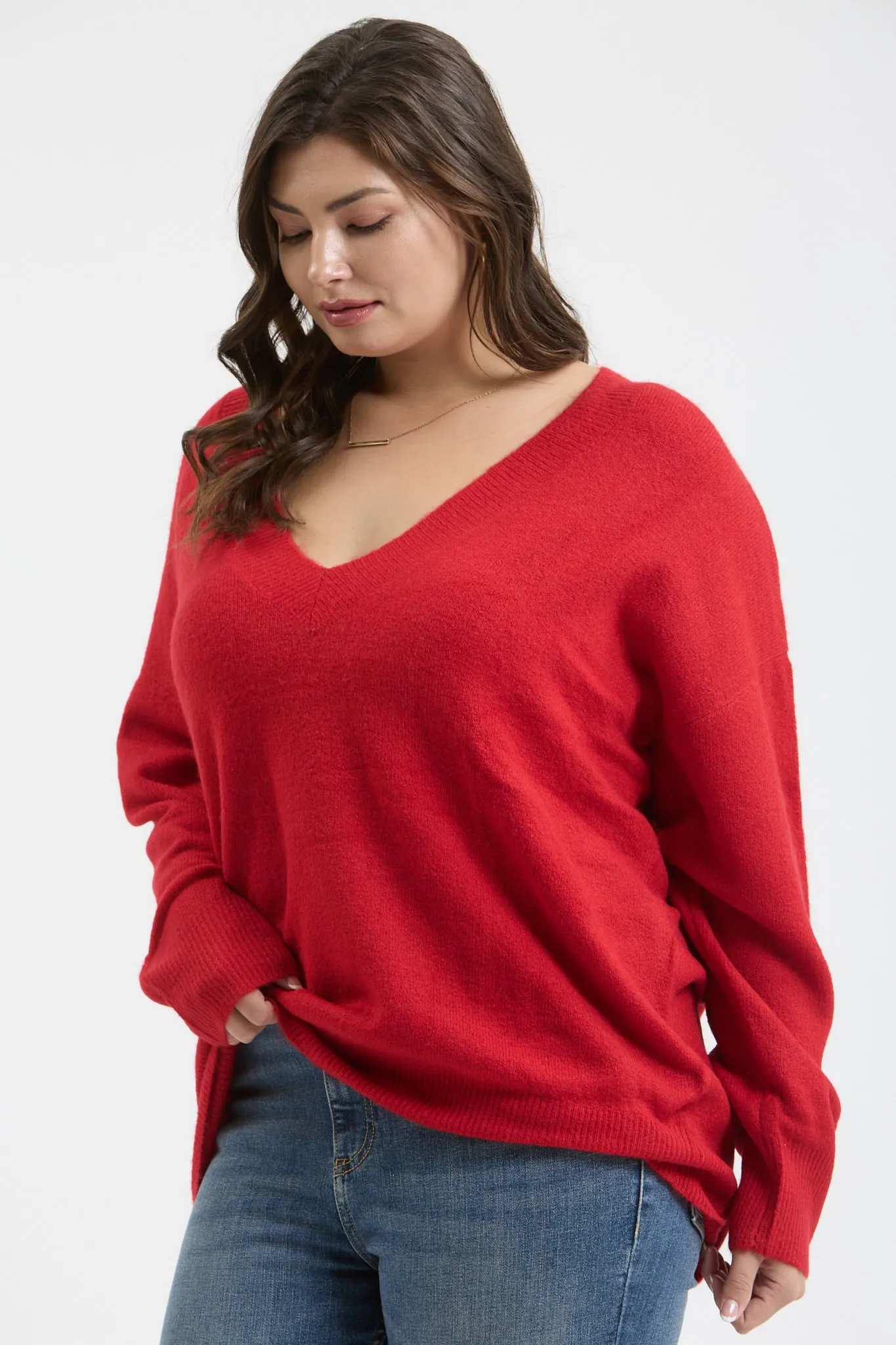 PLUS SOLID V NECK DROP SHOULDER KNIT SWEATER