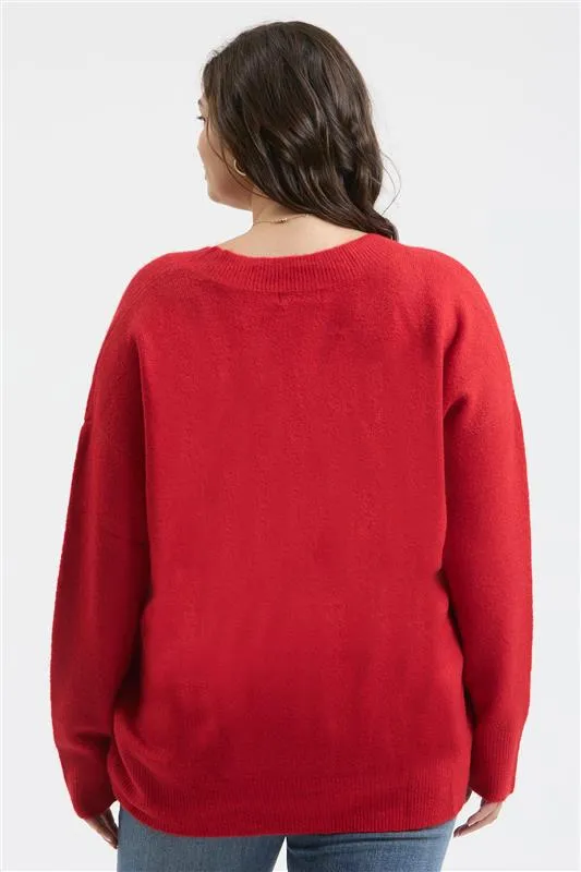 PLUS SOLID V NECK DROP SHOULDER KNIT SWEATER
