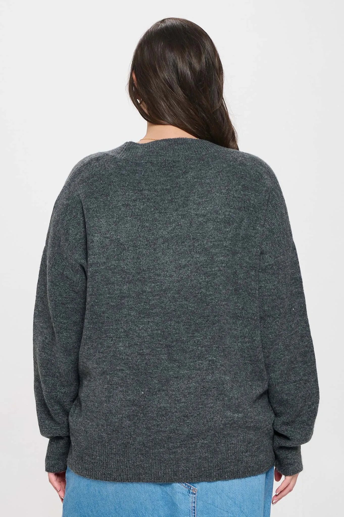 PLUS SOLID V NECK DROP SHOULDER KNIT SWEATER