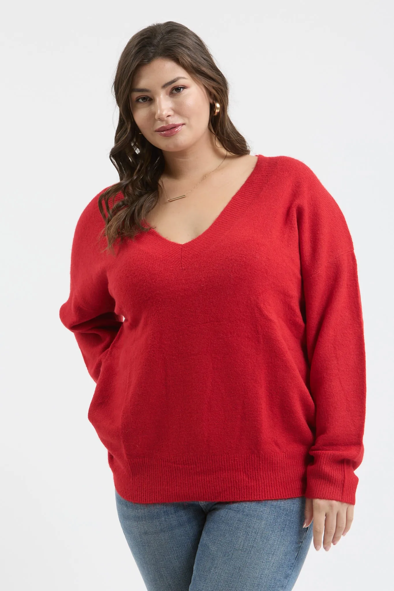 PLUS SOLID V NECK DROP SHOULDER KNIT SWEATER