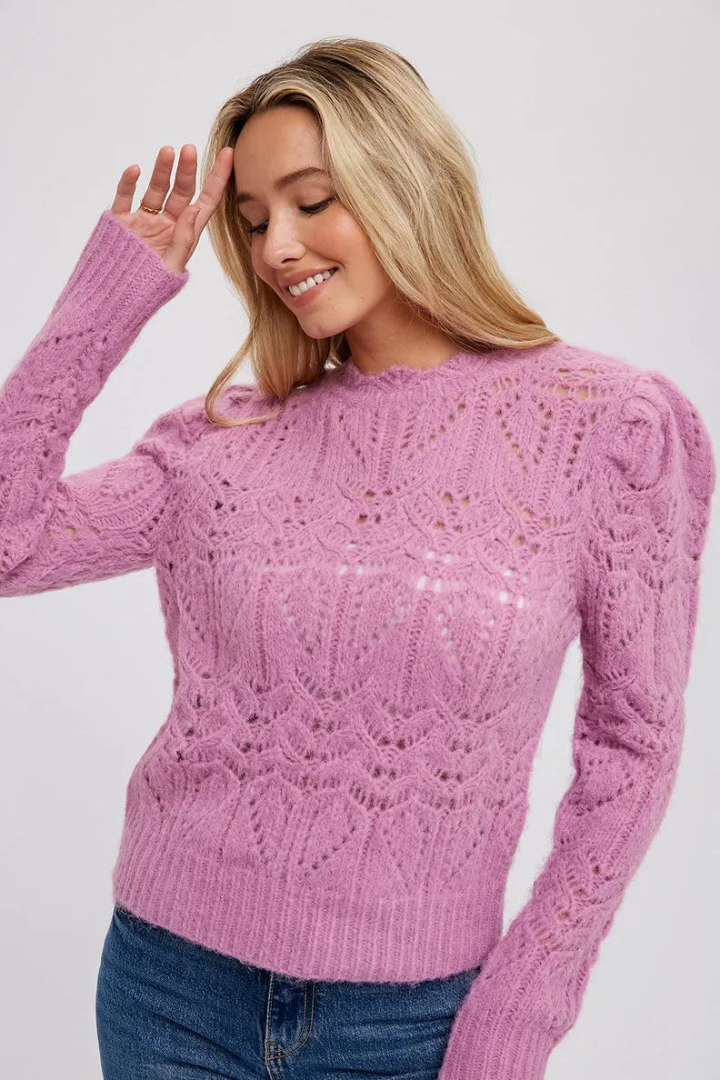 Pointelle Puff Sleeve Sweater - Lavender