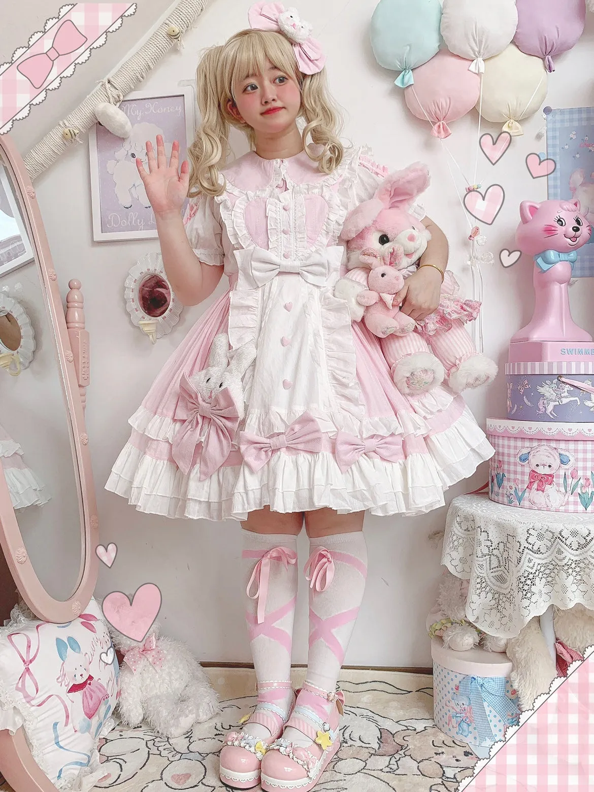 Princess of Heart Sweet Pastel Pink Rabbit Dress & Shirt Two Piece Set
