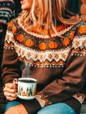 Printed Euro American tight knit holiday Pullover Brown crew neck knitted sweater