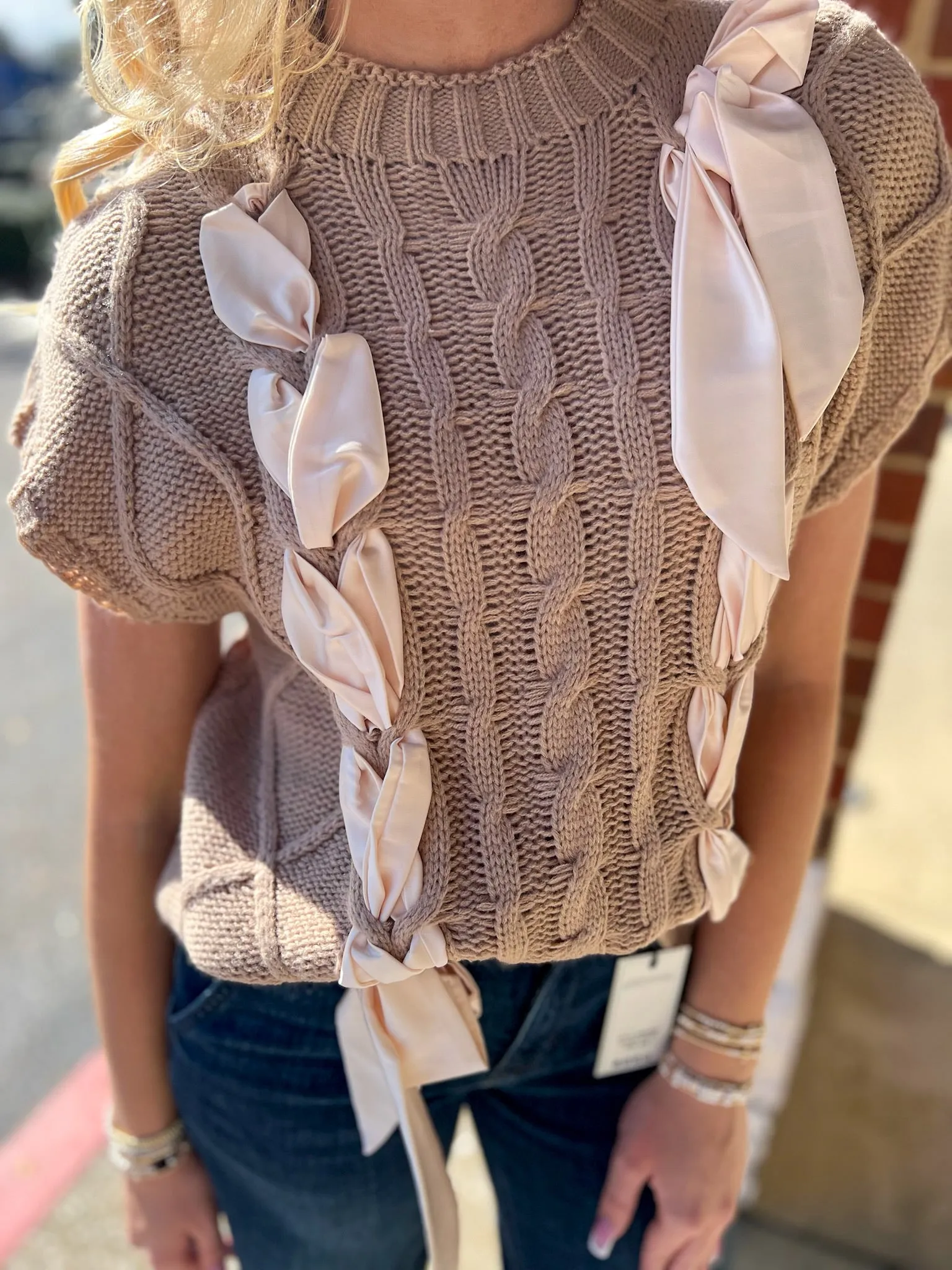 Pure Perfection Taupe Sleeveless Sweater with Bow Detail
