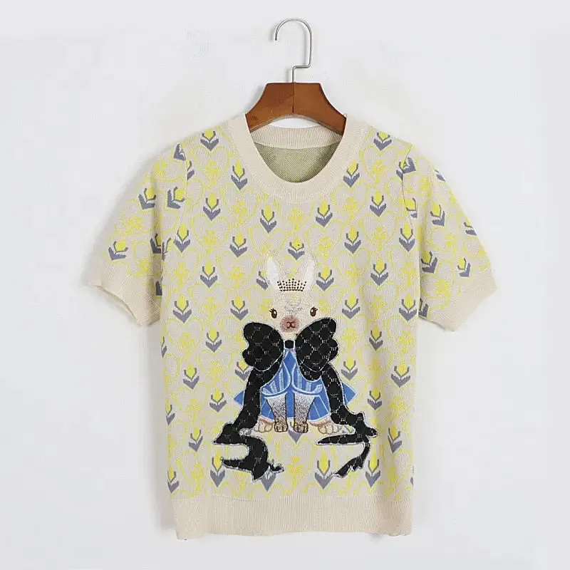 Rabbit Embroidery Short Sleeve Sweater