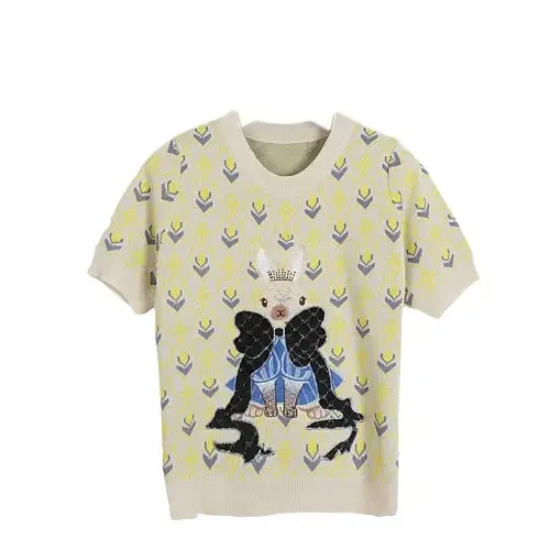 Rabbit Embroidery Short Sleeve Sweater