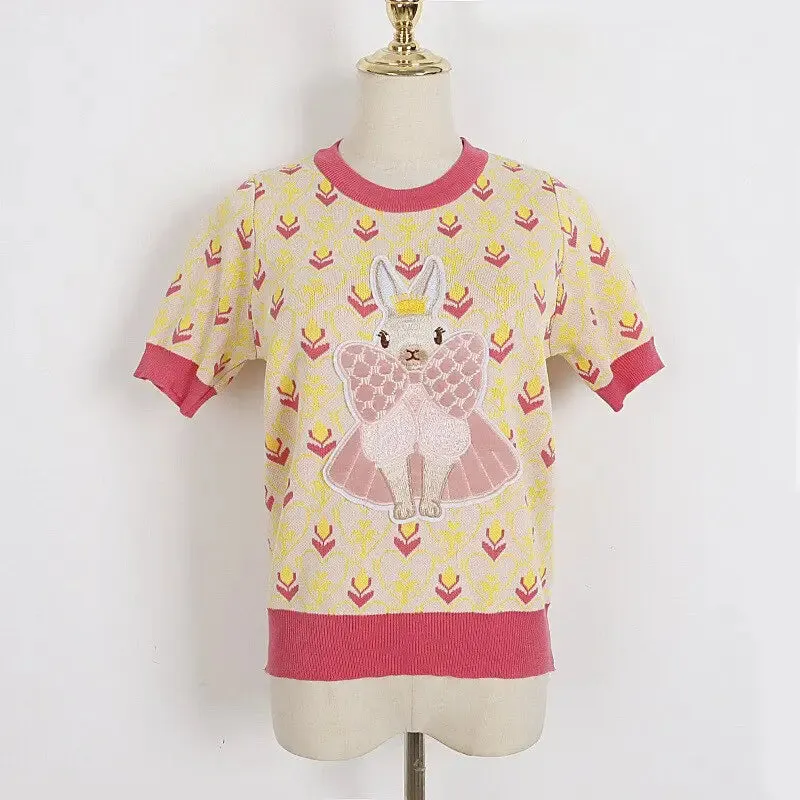 Rabbit Embroidery Short Sleeve Sweater