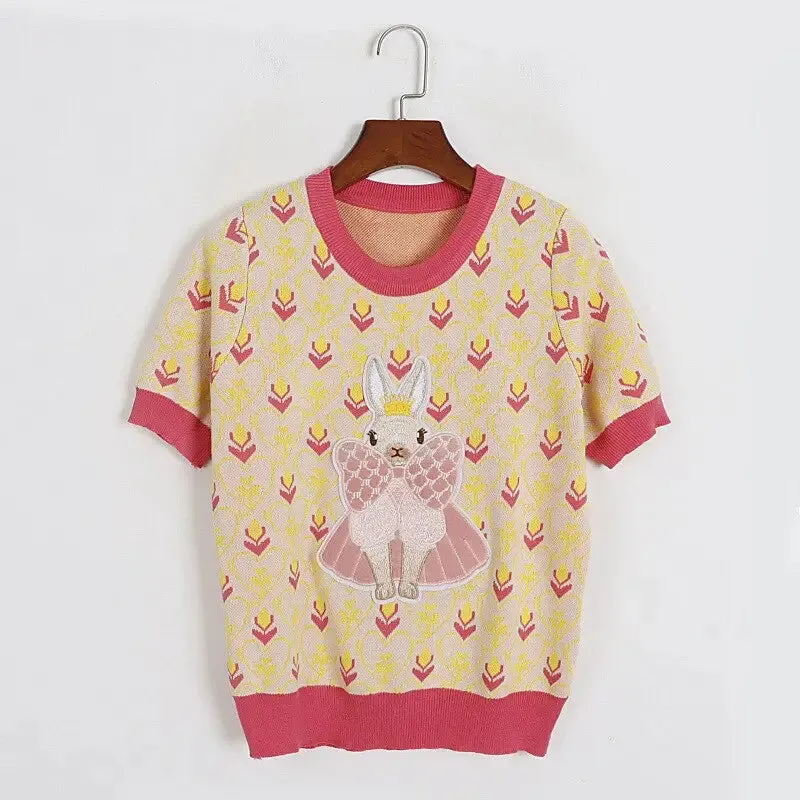 Rabbit Embroidery Short Sleeve Sweater