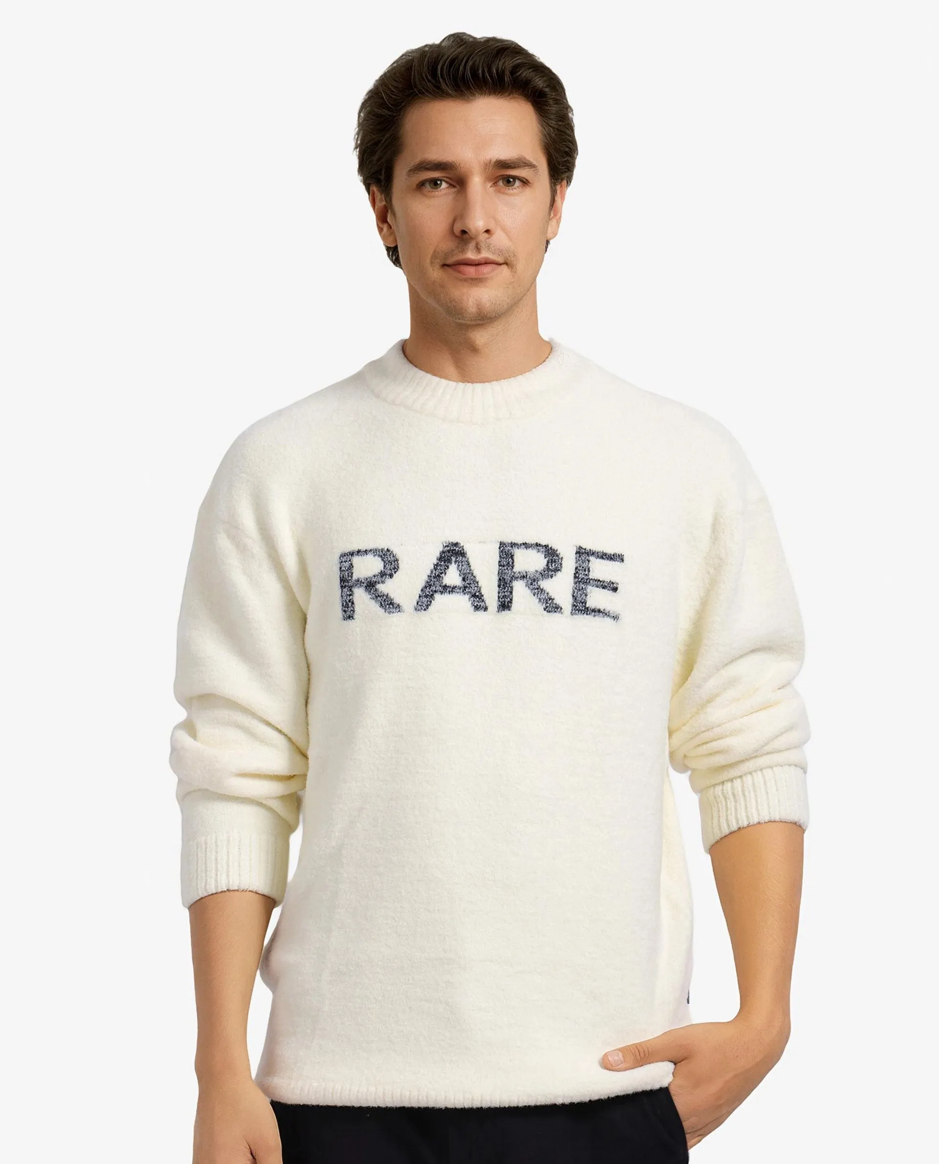 Rare Rabbit Men's Zeo Off White Ribbed Full Sleeves and Crew Neck Collar Regular Fit Branded Sweater