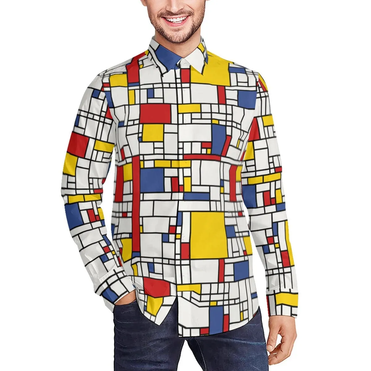 Retro Shirt, Mod 60s Shirt, Mondrian Shirt, Men's Vintage Style Shirt, Men's Dress Shirt, Mod 60s Shirt, Geometric Print Shirt Men