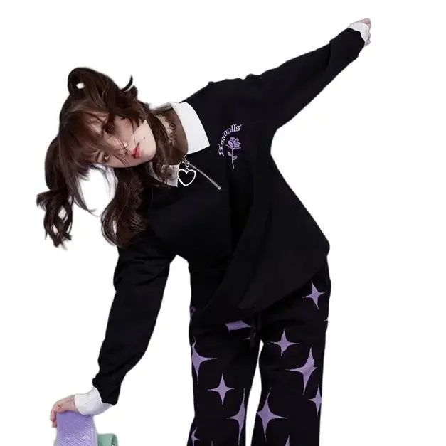 Rose Embroidery Long Sleeve Loose Fit Sweater