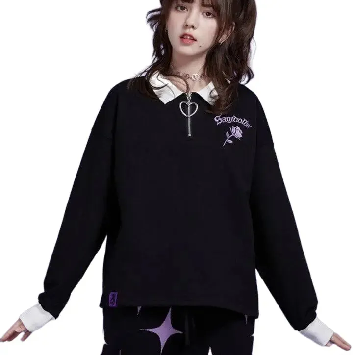 Rose Embroidery Long Sleeve Loose Fit Sweater