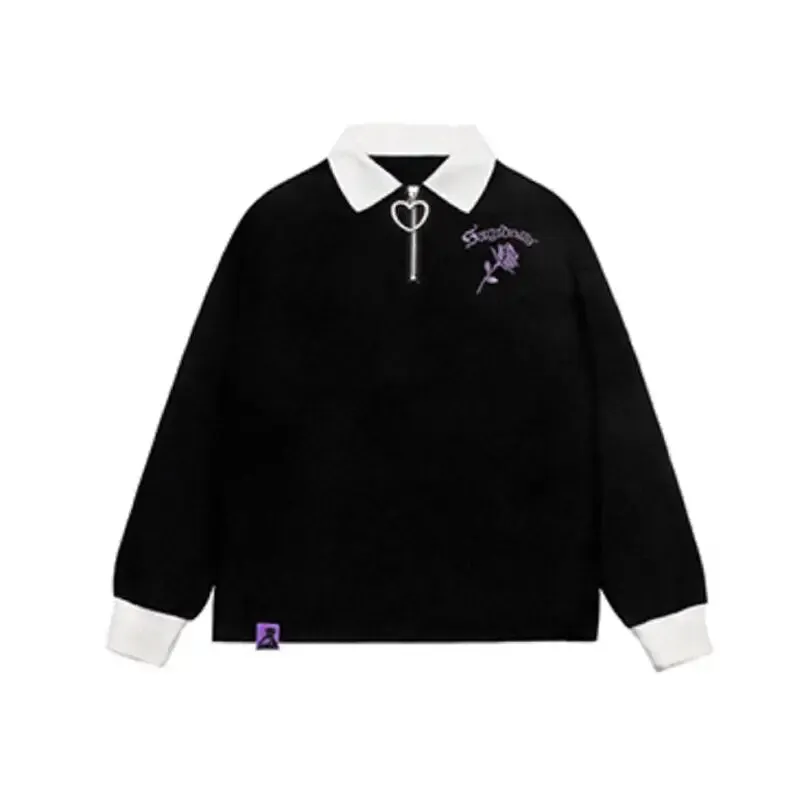 Rose Embroidery Long Sleeve Loose Fit Sweater