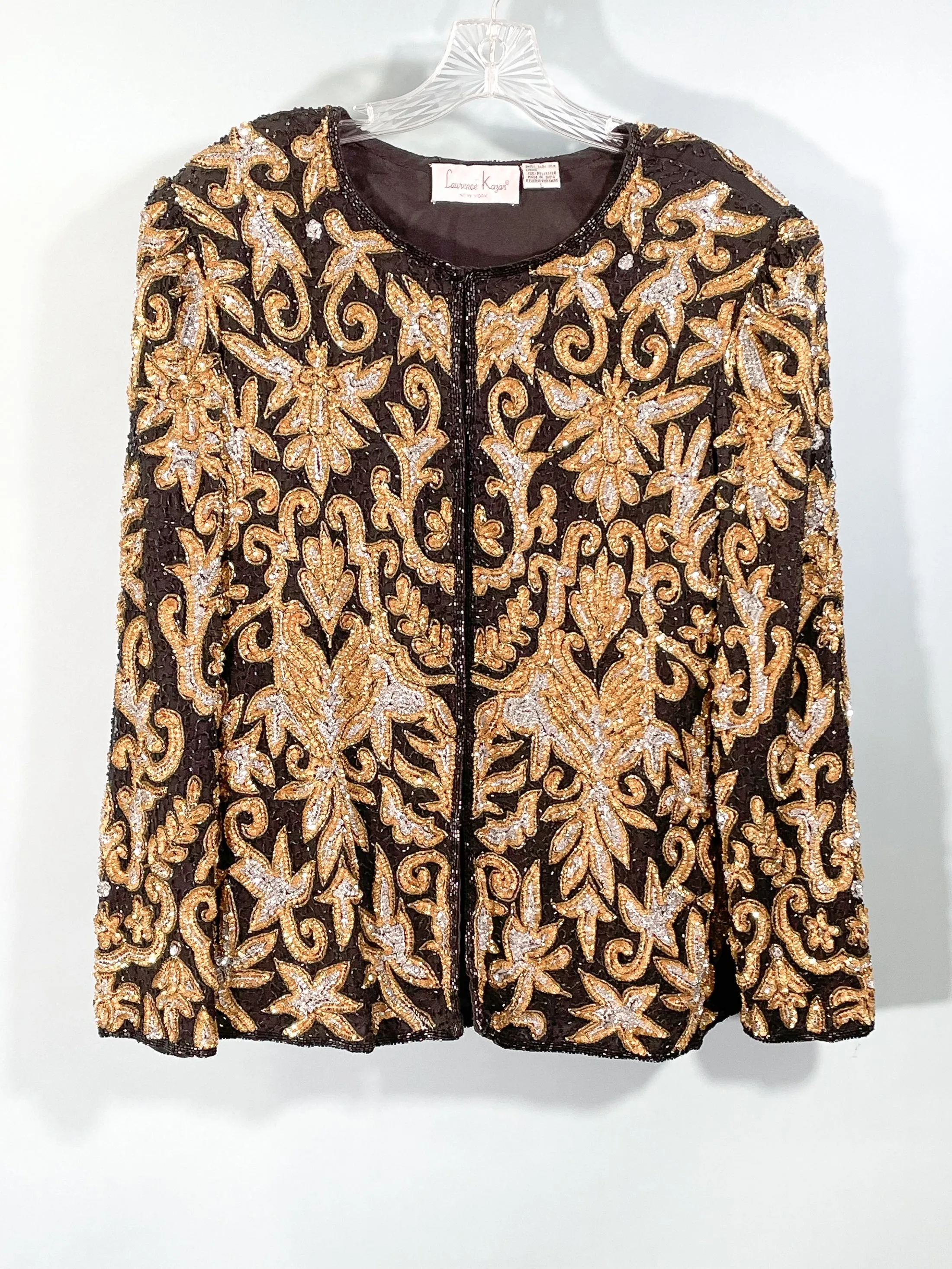 SOLD VTG 80s Laurence Kazar Black/Gold/Silver Heavily Beaded Sequin Jacket L