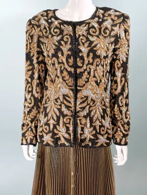 SOLD VTG 80s Laurence Kazar Black/Gold/Silver Heavily Beaded Sequin Jacket L