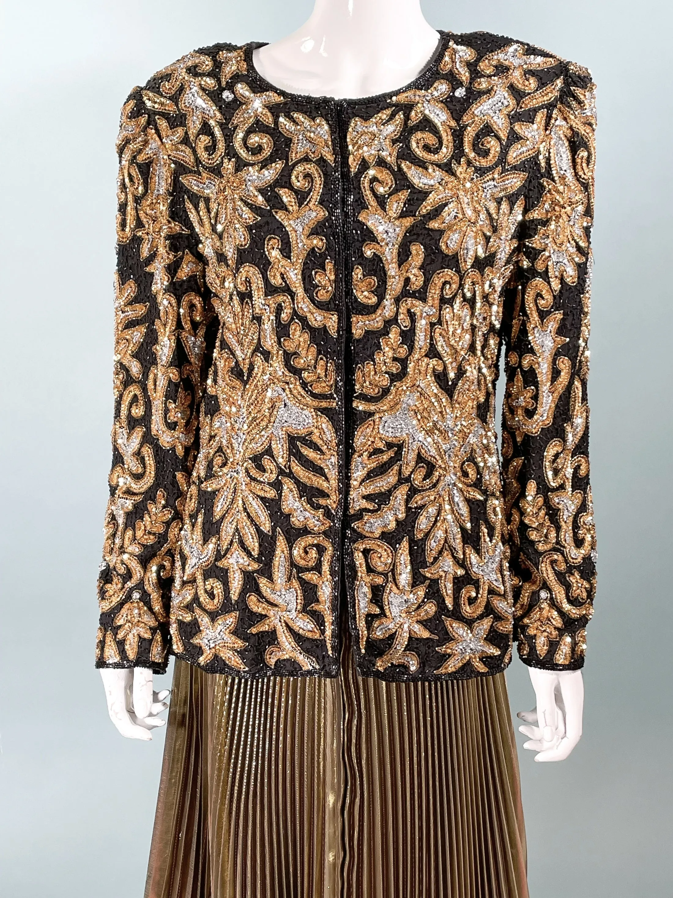 SOLD VTG 80s Laurence Kazar Black/Gold/Silver Heavily Beaded Sequin Jacket L