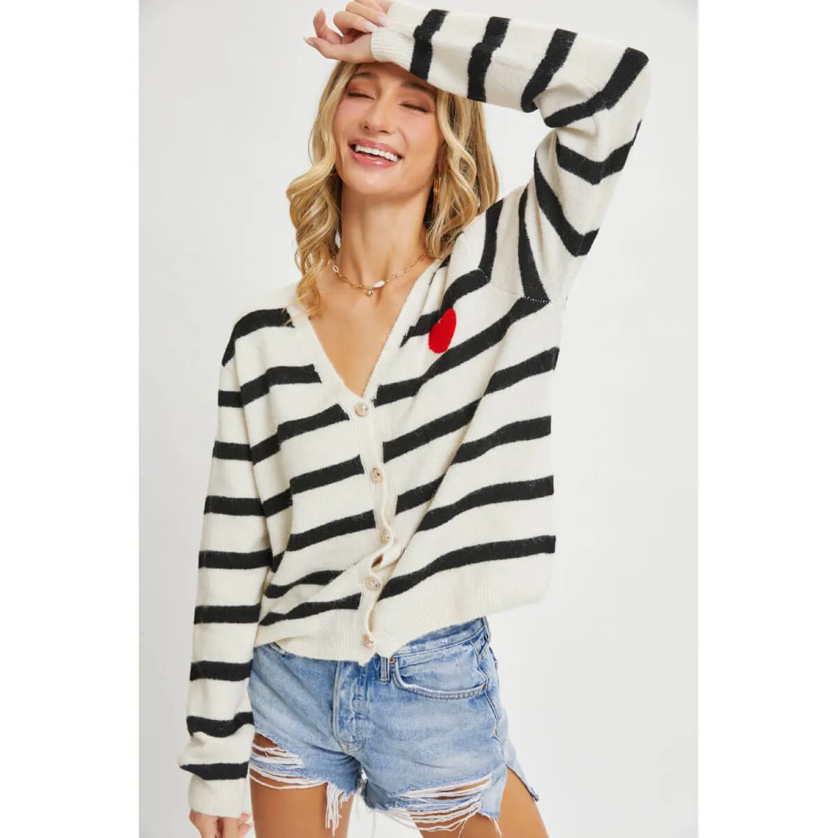 Striped Cardigan Sweater with Heart Patch