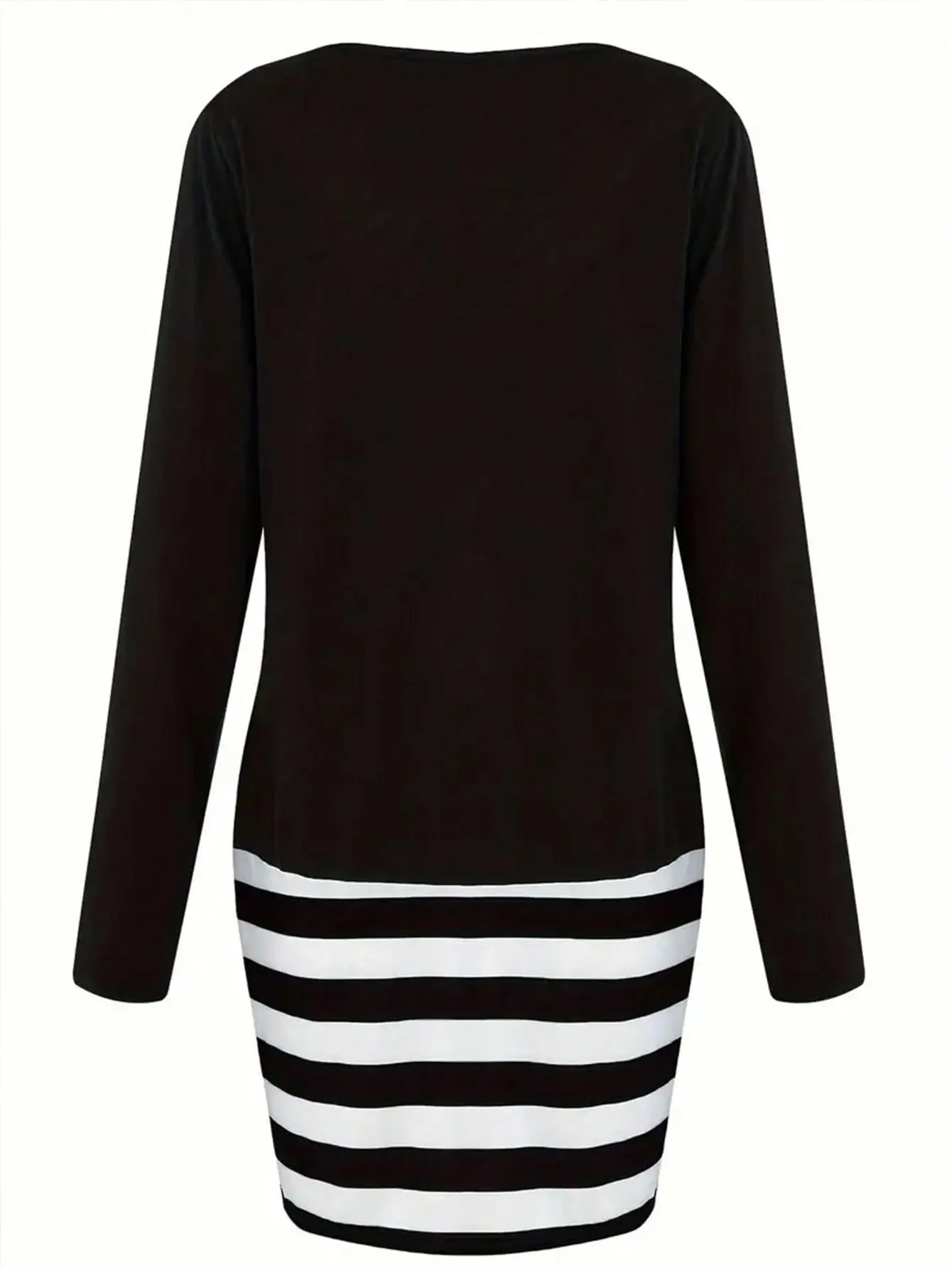 Striped Print Round Neck Long Sleeve Slim Fit Casual Dress For Women