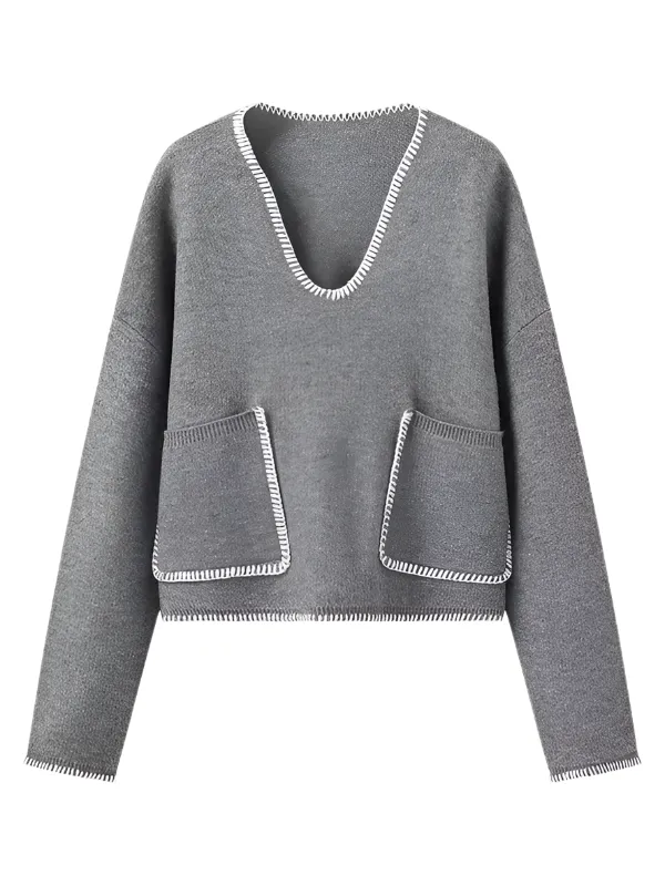 TEEK - Grey Double Pocket Knit V-Neck Sweater