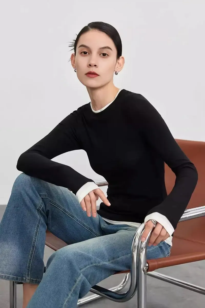 Tencel Wool Double Layered Crew Neck Knit Top
