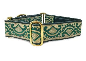 Tivoli Jacquard in Green & Gold - Martingale Dog Collar or Buckle Dog Collar - 1.5" Width